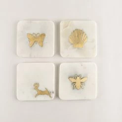 ELM AND OAK Assorted Marble Coasters With Brass Inlay (Set Of 4)