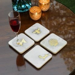 ELM AND OAK Assorted Marble Coasters With Brass Inlay (Set Of 4)