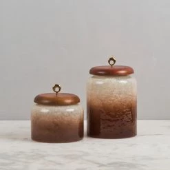 ELM & OAK Belgravia Glass Canisters- Pearl / Brown (Set Of 2) Accessories