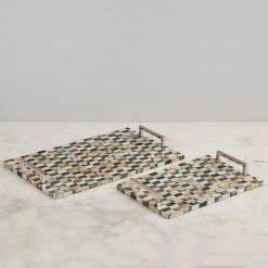 ELM & OAK Platters Black And White Mother Of Pearl Trays (Set Of 2)