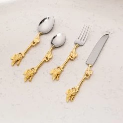 ELM AND OAK Gold Leaf Cutlery Set (Set Of 4) Flatware