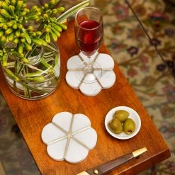 ELM AND OAK Marble Floral Coasters With Brass Inlay (Set Of 4)