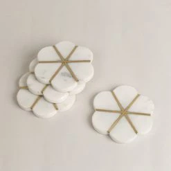 ELM AND OAK Marble Floral Coasters With Brass Inlay (Set Of 4)
