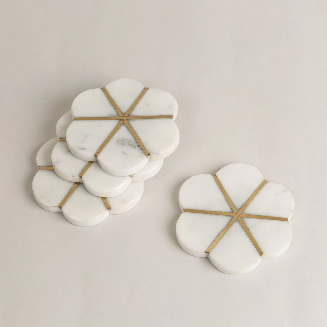 ELM AND OAK Marble Floral Coasters With Brass Inlay (Set Of 4) 2 ELM AND OAK Marble Floral Coasters With Brass Inlay (Set Of 4)