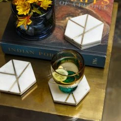ELM AND OAK Marble Hexagonal Coasters With Brass Inlay (Set Of 4)