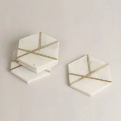ELM AND OAK Marble Hexagonal Coasters With Brass Inlay (Set Of 4)