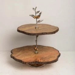 ELM AND OAK Rustic Bark Two-tiered Cake Stand