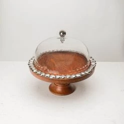 ELM AND OAK Table Top Silver Pebble Cake Stand With Glass Dome