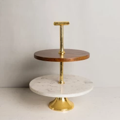 ELM & OAK Table Top White Marble And Wood Two-Tiered Cake Stand