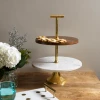ELM & OAK Table Top White Marble And Wood Two-Tiered Cake Stand